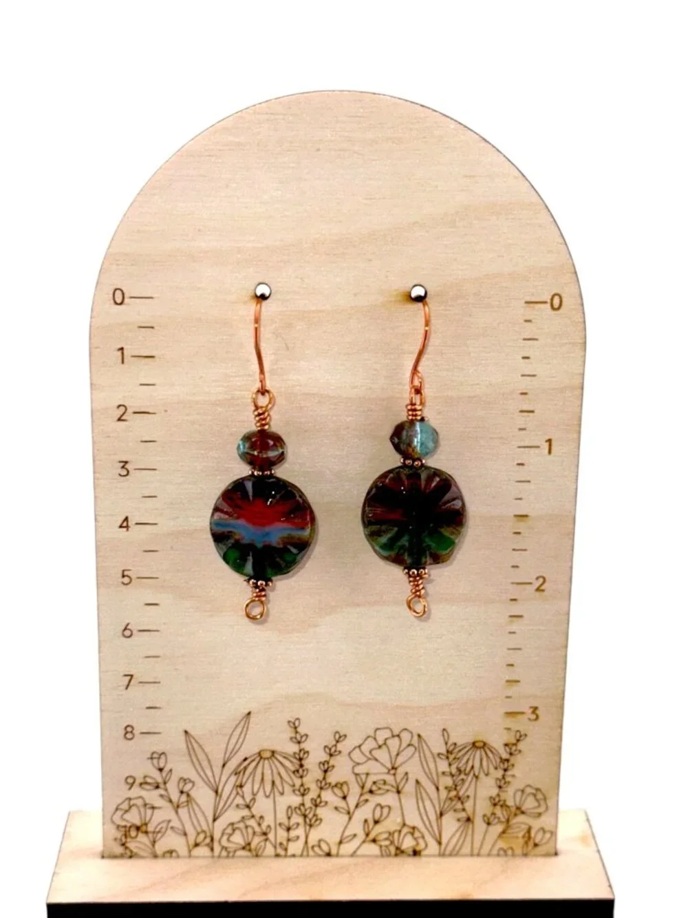 Boho Forest Sunrise Earrings Green Red Czech Glass Copper Dangle Beaded Artisan